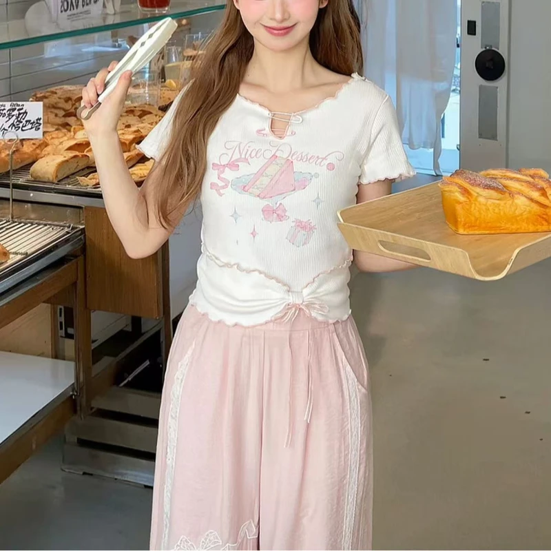 

Deeptown Kawaii Sweet T-Shirts Women Japanese Style Print Bow White Crop Tops Harajuku Cutecore Y2k Short Sleeve T-Shirt Slim Up