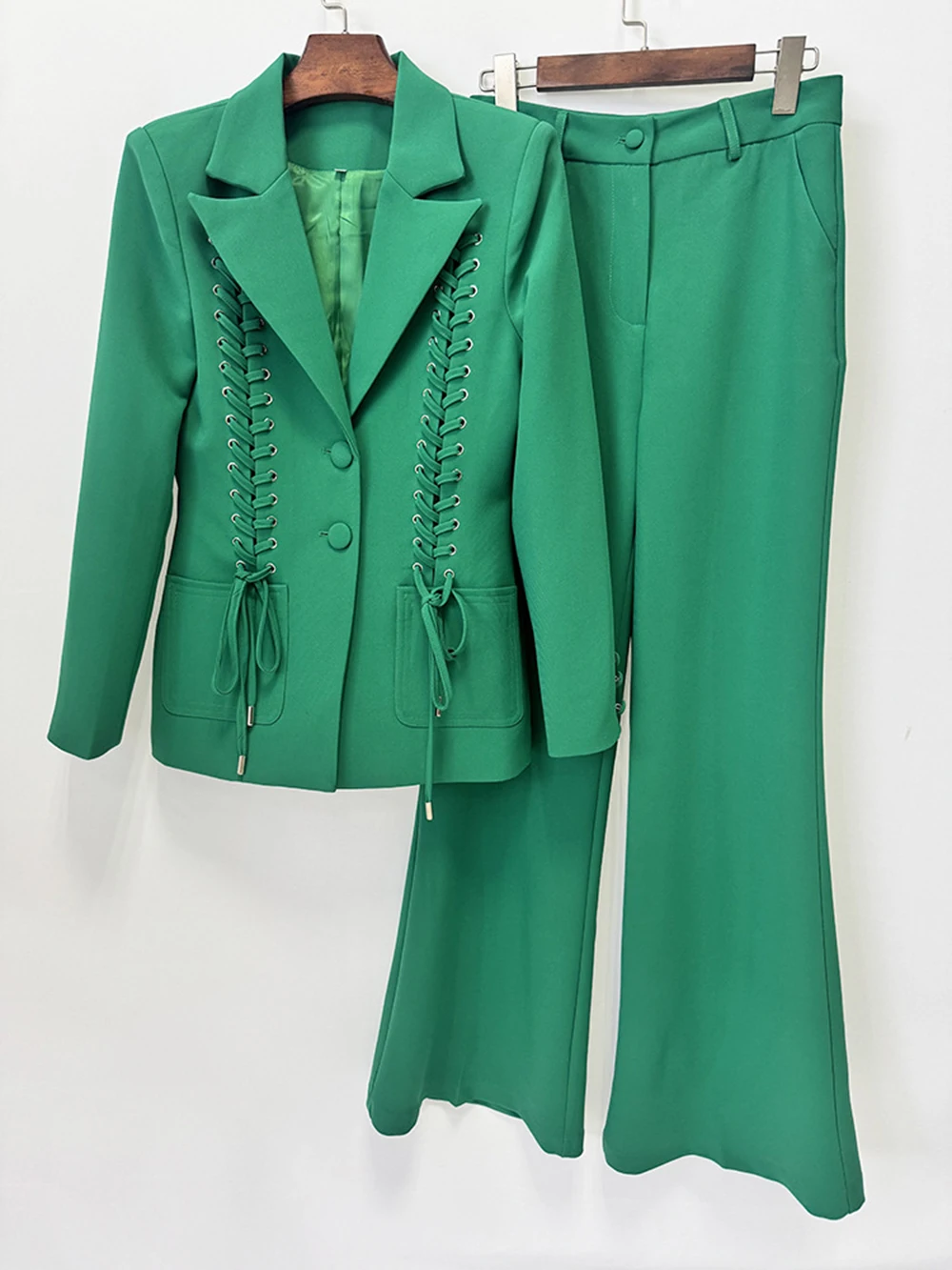 Modphy Women’S Designer 2-Piece Set Single Breasted Lace Up Decoration Blazer High Waist Wide Leg Pants Formal Party Suit Outfit