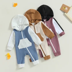 2023-07-05 Lioraitiin 0-18M Infant Baby Boy Girl Full Length Jumpsuit Contrast Color Hood Long Sleeve Romper with Zipper