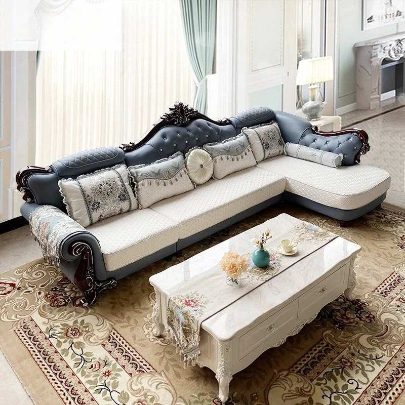 أريكة قماش أوروبية قابلة للإزالة والغسل محظية من الخشب الصلب نحت تكنولوجيا الزهور أريكة من القماش #4