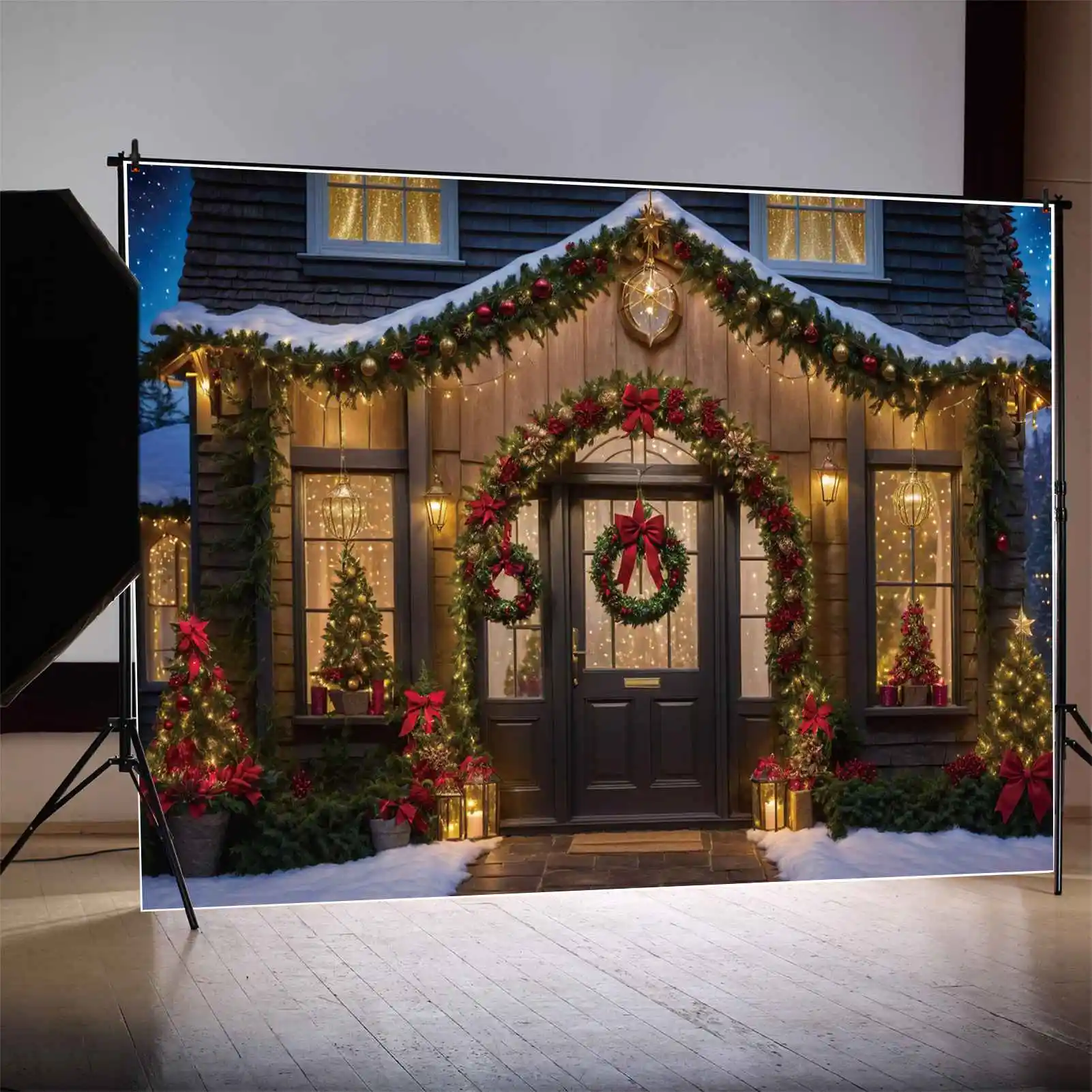 MOON.QG Backdrop Christmas Village Decorations for Home Background Wood Door Wreath Trees Gold Lights Party Props for Photoshoot