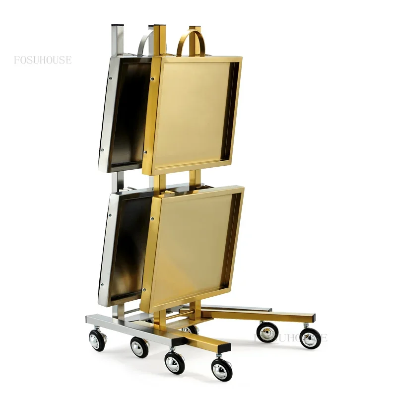 Stainless Steel Auxiliary Car with Wheels Beauty Salon Dyeing Trolley Cart Folding Barber Shop Special Two-layer Tool Trolley