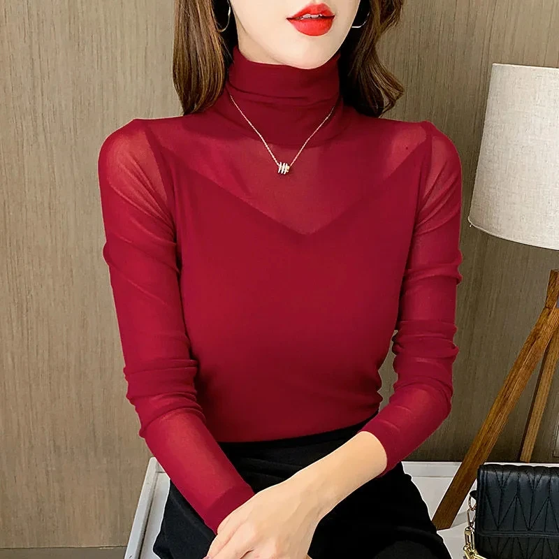 Woman Gauze Lace Perspective Turtleneck T-Shirt Bodycon Sexy All-match Spring Autumn Long Sleeve Elegant Fashion Chic Solid Tops