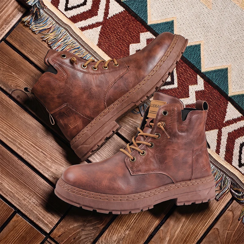 Herren High-Top Freizeitstiefel aus Kunstleder mit Schnürung, dicker rutschfester Blocksohle und genähten Details für den täglichen Einsatz in der Stadt. – Detail 6