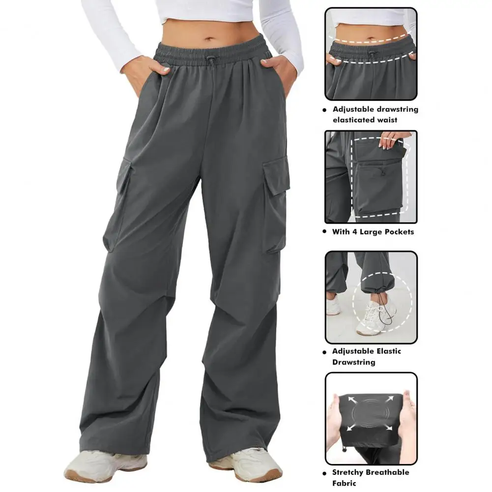 Pantalones Cargo de pierna ancha para mujer, pantalones de cintura alta, cintura elástica ajustable, diseño multibolsillo para trotar, Color sólido