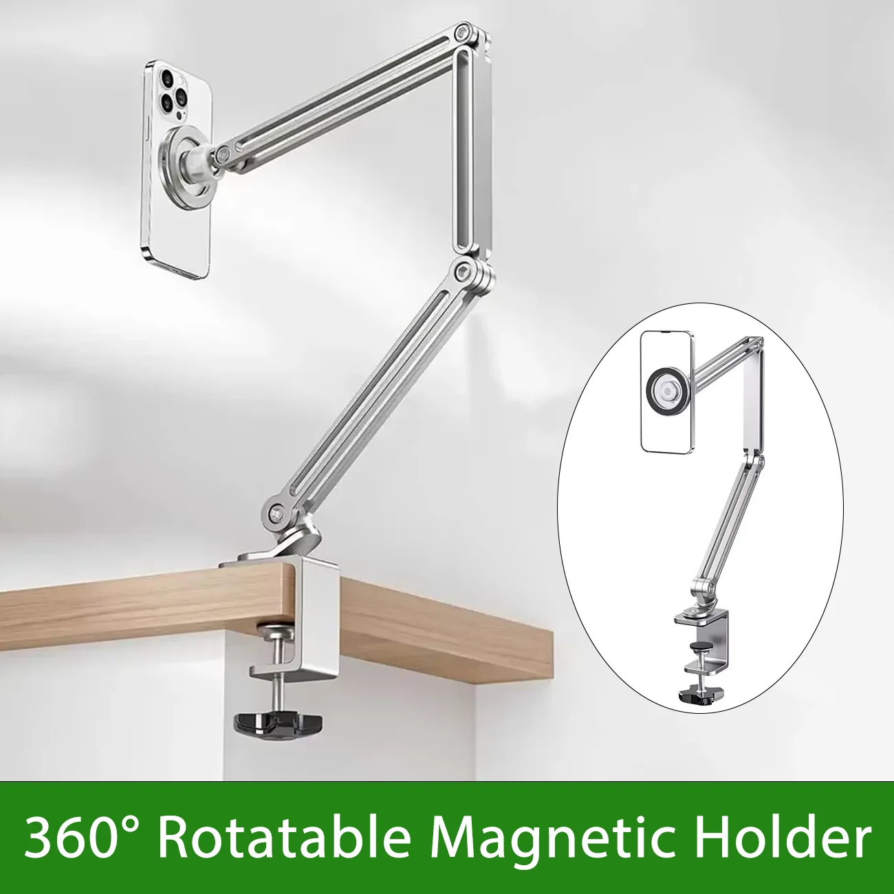 

360 Degree Rotatable Desktop Magnetic Phone Holder Adjustable Long Arm Live Streaming Stand for Magsafe iPhone 16 15 14 13 12