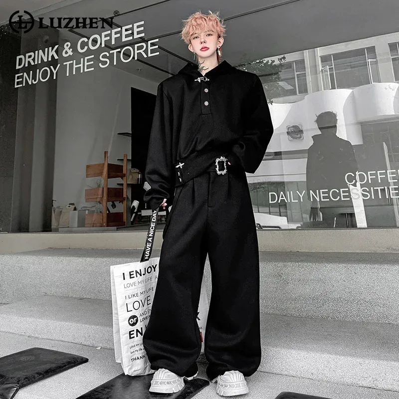 

LUZHEN 2026 Spring New Original Streetwear Two-piece Sets Men's Fashion Solid Color Baggy Wide Leg Casual Pants Hoodies JY5919