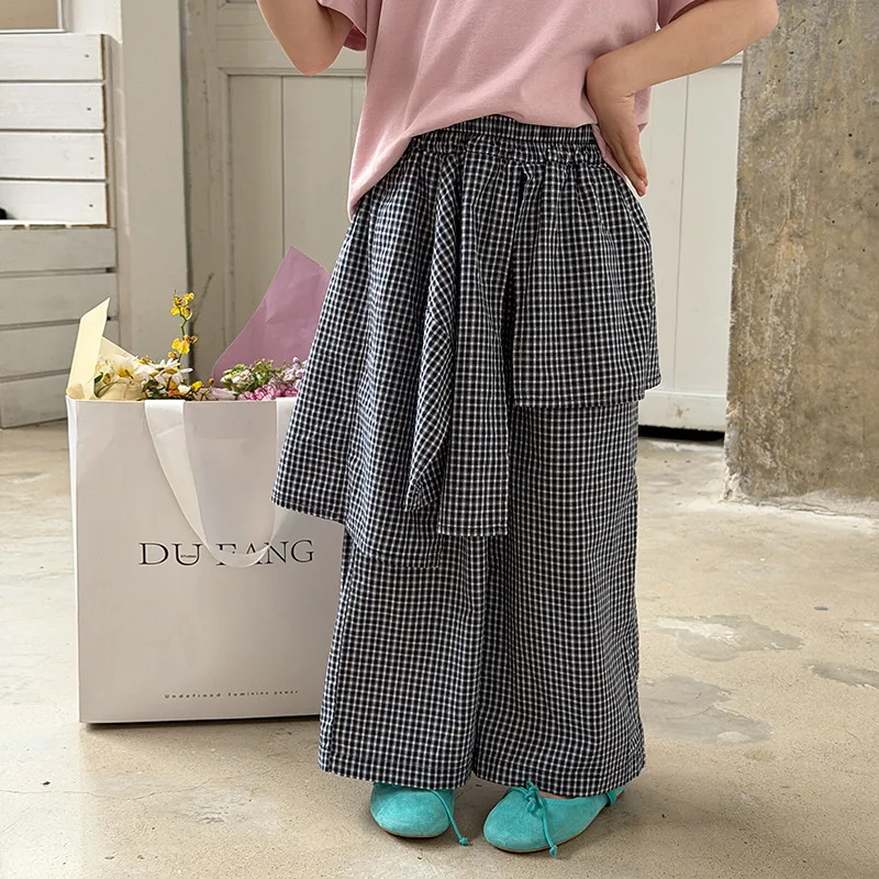 Girls Korean-style Layered Loose-fitting Fake Two-piece Wide-leg Skirt Pants Casual Checkered Fart Curtain Pants