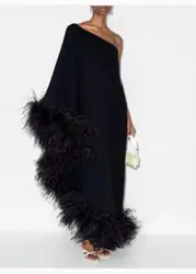 OLOEY Modern Black Straight Feathers Formal Evening Dressess Long Sleeve One Shoulder Dubai Arabic Women Prom Gowns