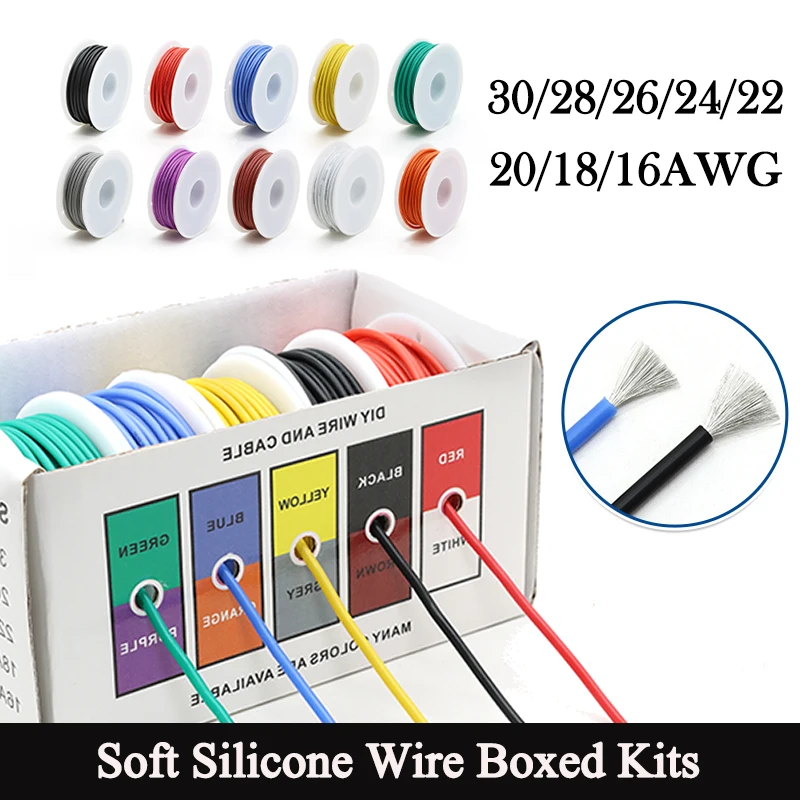

Soft Silicone Wire Boxed Kits 30/28/26/24/22/20/18/16 AWG Heat Resistant Stranded Electrical Cable Flexible Tinned Copper Wires