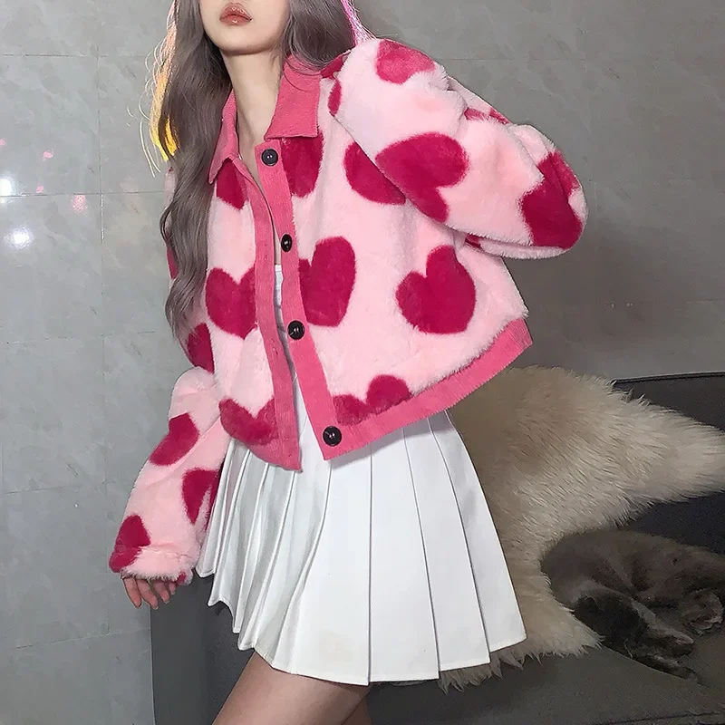 Sweet Girl's Y2K Style Fur Coats Women Chic Heart Shape Pink Short Jackets Faux Fur Fashion Cute Plush Coat Autumn Winter Casaco