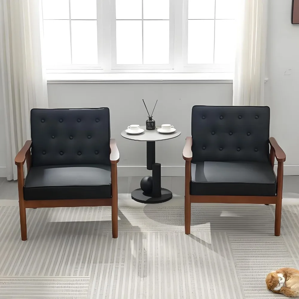 مجموعة كراسي بذراعين من الخشب الصلب على الطراز الحديث في منتصف القرن مكونة من 2 كراسي مصنوعة من الجلد الصناعي الأسود لغرفة المعيشة ومناطق الانتظار