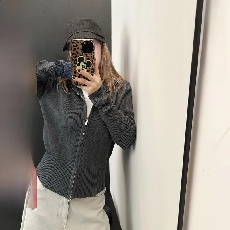 

Zeng Yueban 'Return to Basic' 500г Женский осенний шерстяной кардиган с двойным воротником-стойкой на молнии, приталенный, верхняя одежда