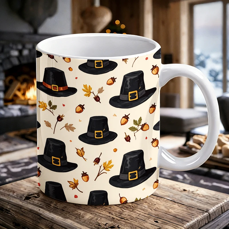 

Vintage Hat & Acorn Mug Office coffee cup All-Over Print Retro Autumn Leaves Ceramic Water Cup gift for a friend