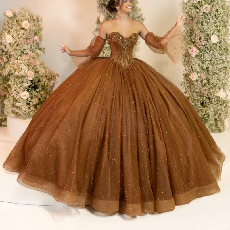 

Brown Shiny Quinceanera Dresses Ball Gown Off The Shoulder Beading Crystal Bow Tull Corset Tull Party Birthday Sweet 16 Dress