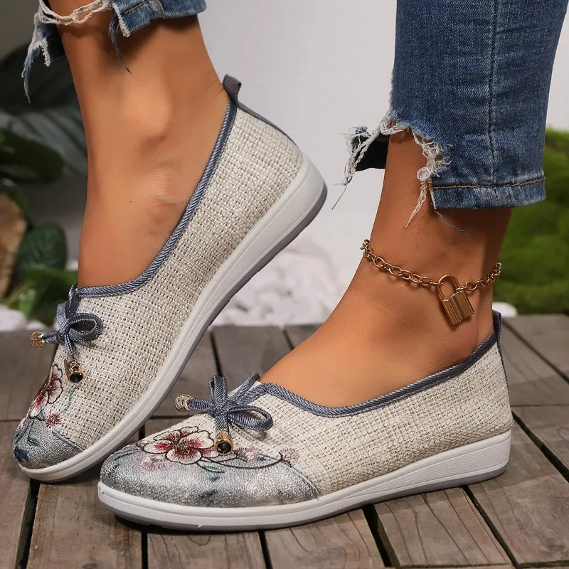 Dames Schoenen Zomer Nieuwe Platte Geborduurde Strik Bijpassende Kleur Oxford Schoenen Casual Comfort Verhogen Anti-Slip Doek Schoenen