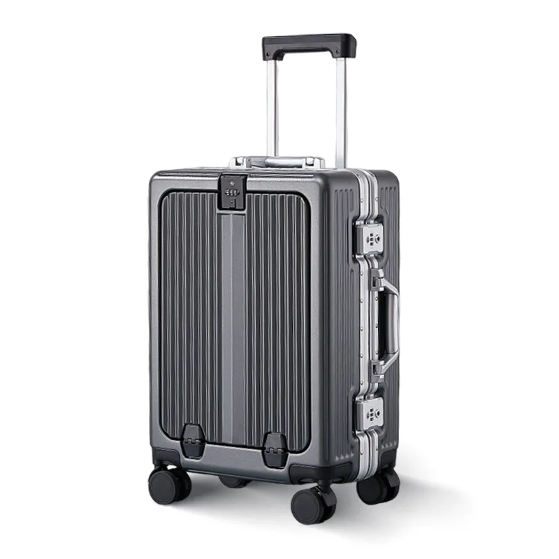 Travel Suitcase Trolley Case Front Opening Aluminum Frame Business Boarding Rolling Luggage with Cup Holder Password Suitcase