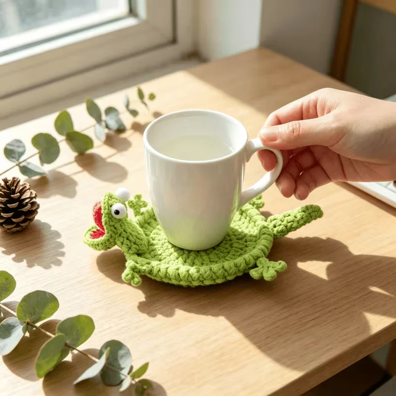 New Handwoven Green Squeaky Lizard Coaster, Funny Animal Cup Pads, DIY Coffee Tea Table Decoration Mats Home Accessories