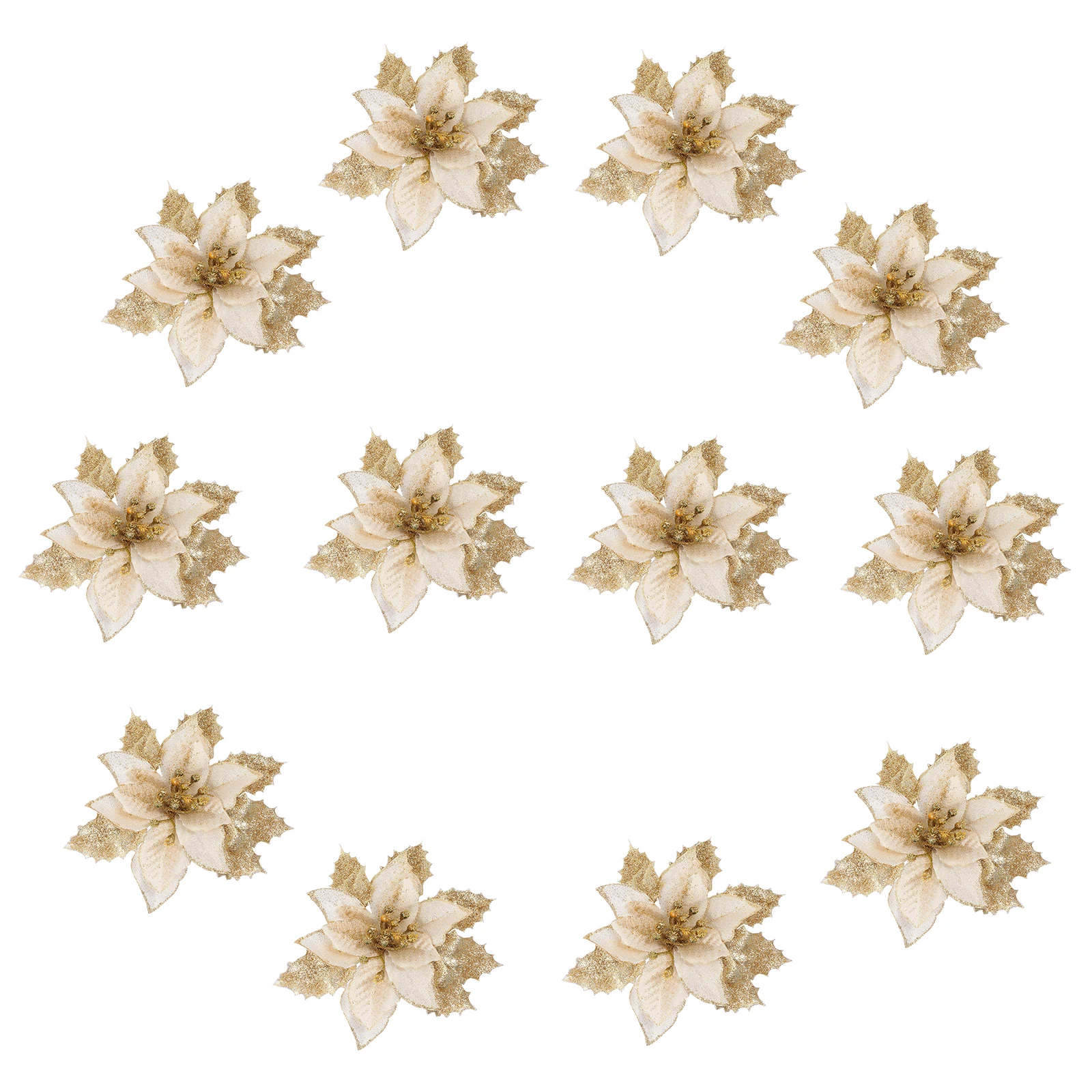 

12 Pcs Christmas Tree Glitter Flowers Golden Artificial Hanging Decorations for Christmas Tree Pendant Xmas Homenaments
