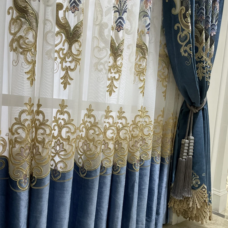 

Luxury and exquisite European style blue hollowed out embroidered blackout curtains Curtains for Living dining room bedroom