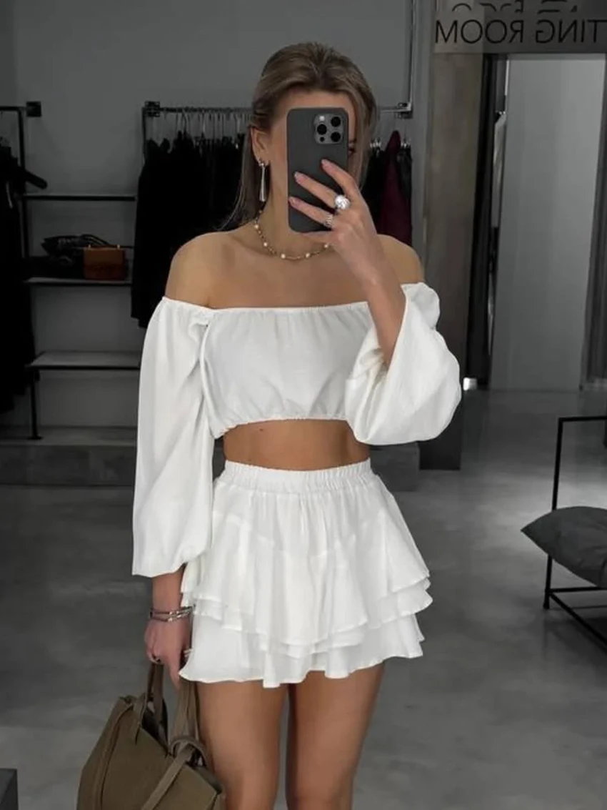 

Marthaqiqi New 2025 Ladies Nightgowns Suit Slash Neck Pajamas Long Sleeve Nightwear Crop Top Nightie Shorts Female Sleepwear Set