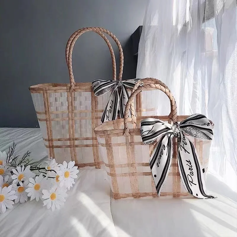 2022 Transparent Plastic Woven Tote Bag Summer Women Handmade Vegetable Basket Shopping Handbag Boho Decor Outdoor Beach Bags