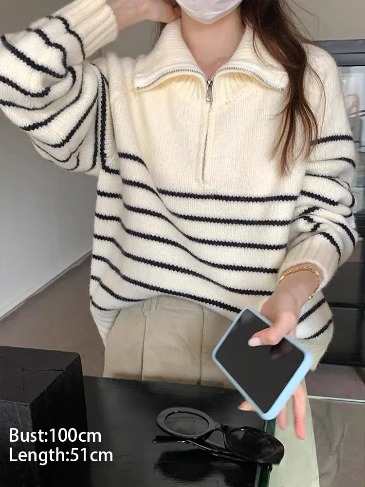 Automne hiver nouveau Chic col rabattu fermeture éclair pulls tricoté pull femmes décontracté ample à manches longues femmes chandails hauts