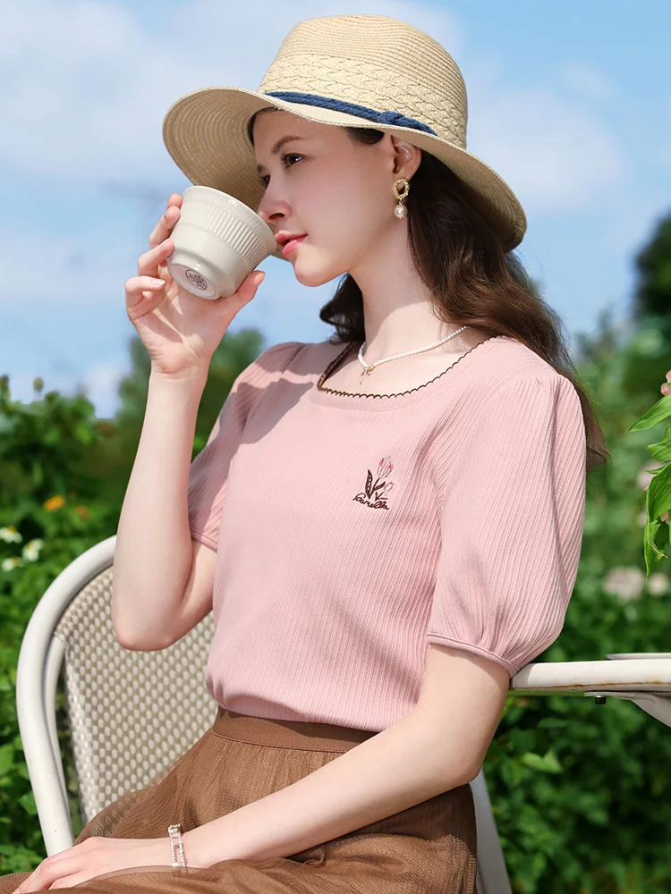 I BELIEVE YOU Embroidery U Collar Puff Short Sleeve T-shirts For Women 2024 Summer New Chic Slim Basic Blouses Female 2242015657