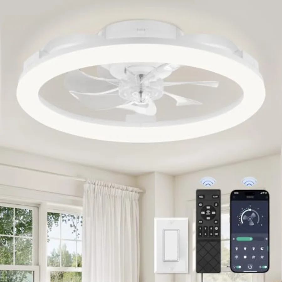 20 Inch Low Profile Ceiling Fans with Lights and Remote Dimmable Modern Fan Light 3000K-6000K 6 Speed Reversible APP and Remote