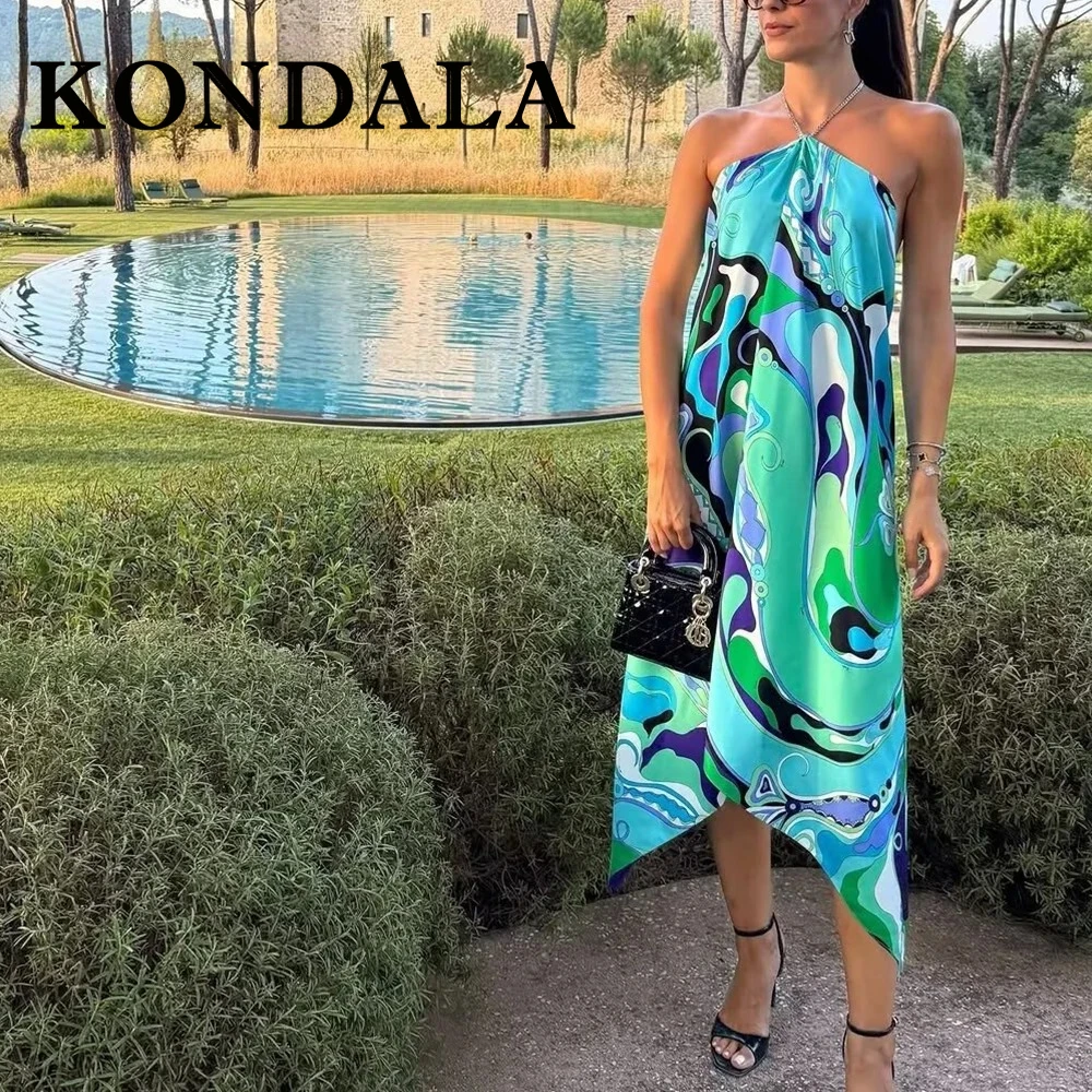 KONDALA Elegancka, seksowna sukienka letnia 2025 z nadrukiem, damska sukienka z dekoltem, modna sukienka Y2K, długa sukienka bez pleców, na imprezę, plażę, wakacje, codzienna sukienka typu vestidos