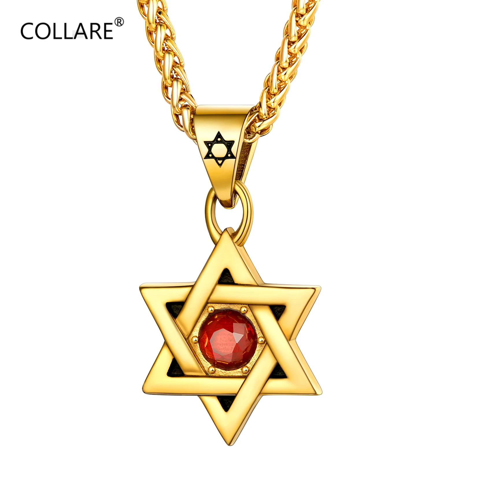 

ChainsPro Magen Star of David Pendant Necklace Stainless Steel Wine Red Rhinestone Crystal Jewish Hexagram Unisex Jewelry