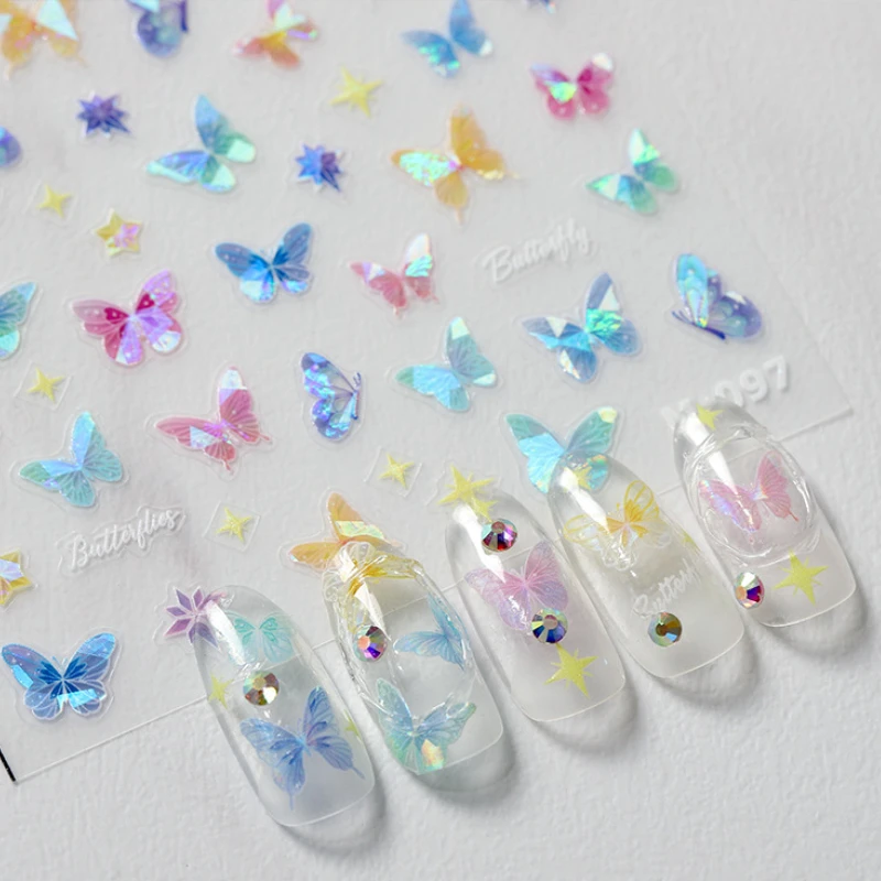 Illusion Colored Butterfly 5D Soft Embossed Reliefs Self Adhesive Nail Art Stickers High Quality 3D Manicure Decals Wholesale