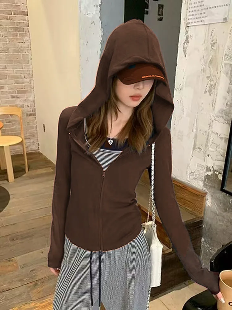 Damska bluza z kapturem na jesień 2025, nowa, dopasowana, jednolita, dzianinowa kardigan, koreański uniwersalny top.