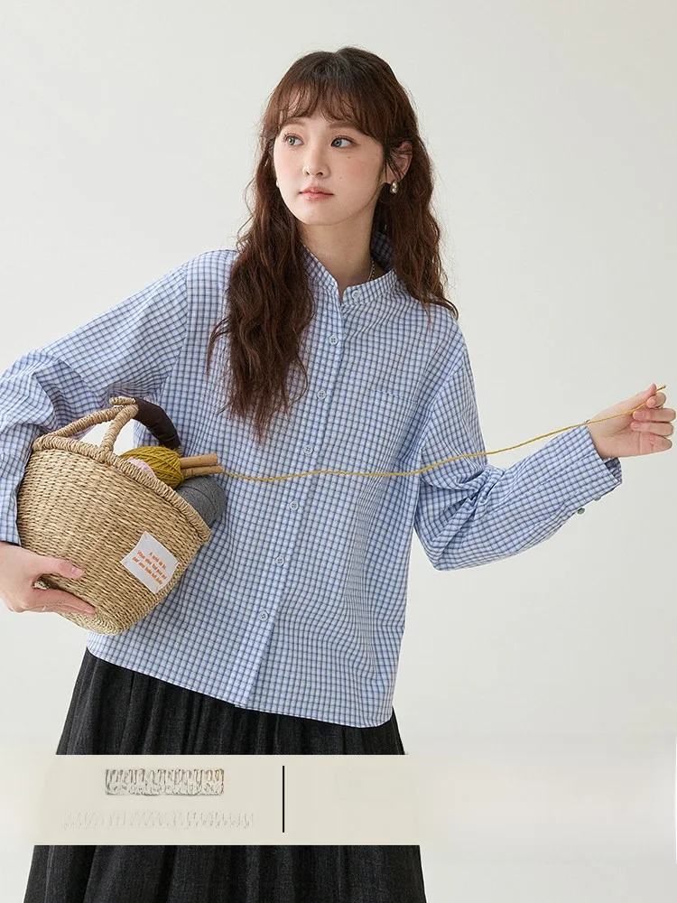 

AMUU Original Pure Cotton Plaid Short Sleeve Women's Shirt Spring New Style Small Stand Collar Korean Style Commute Wind
