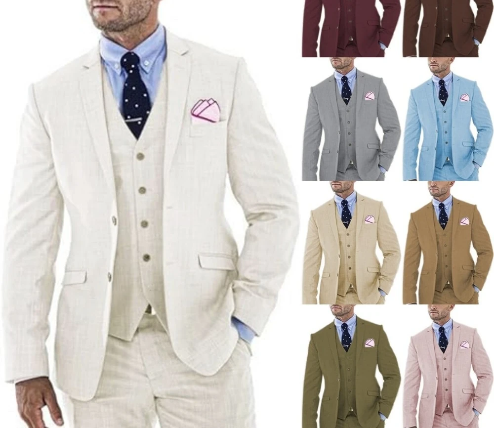 

Men 3 Piece Linen Suit Summer Wedding Groomsmen Formal Tuxedo Suit