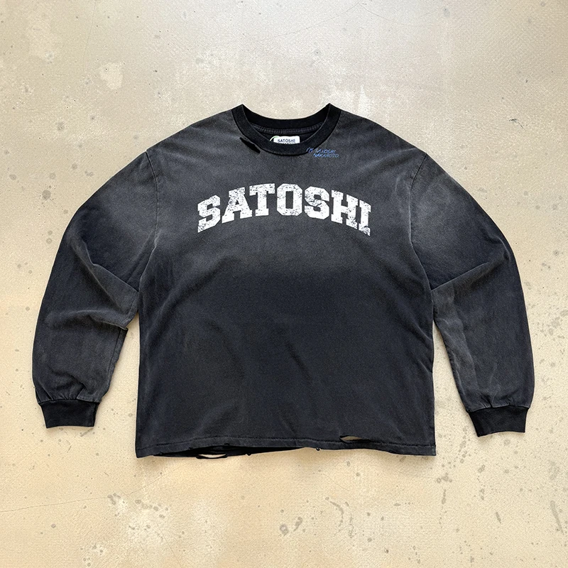 SATOSHI Long-sleeved T-shirts 280g Pure Cotton Vintage Washed Letter Print T Shirt Men Women Street Oversized Tee Tops