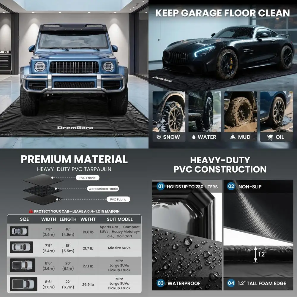 

Heavy-Duty Waterproof PVC Garage Floor Mat for Cars, SUVs, and Trucks - Easy Clean, 7'9x16' Containment Protection for Parking G