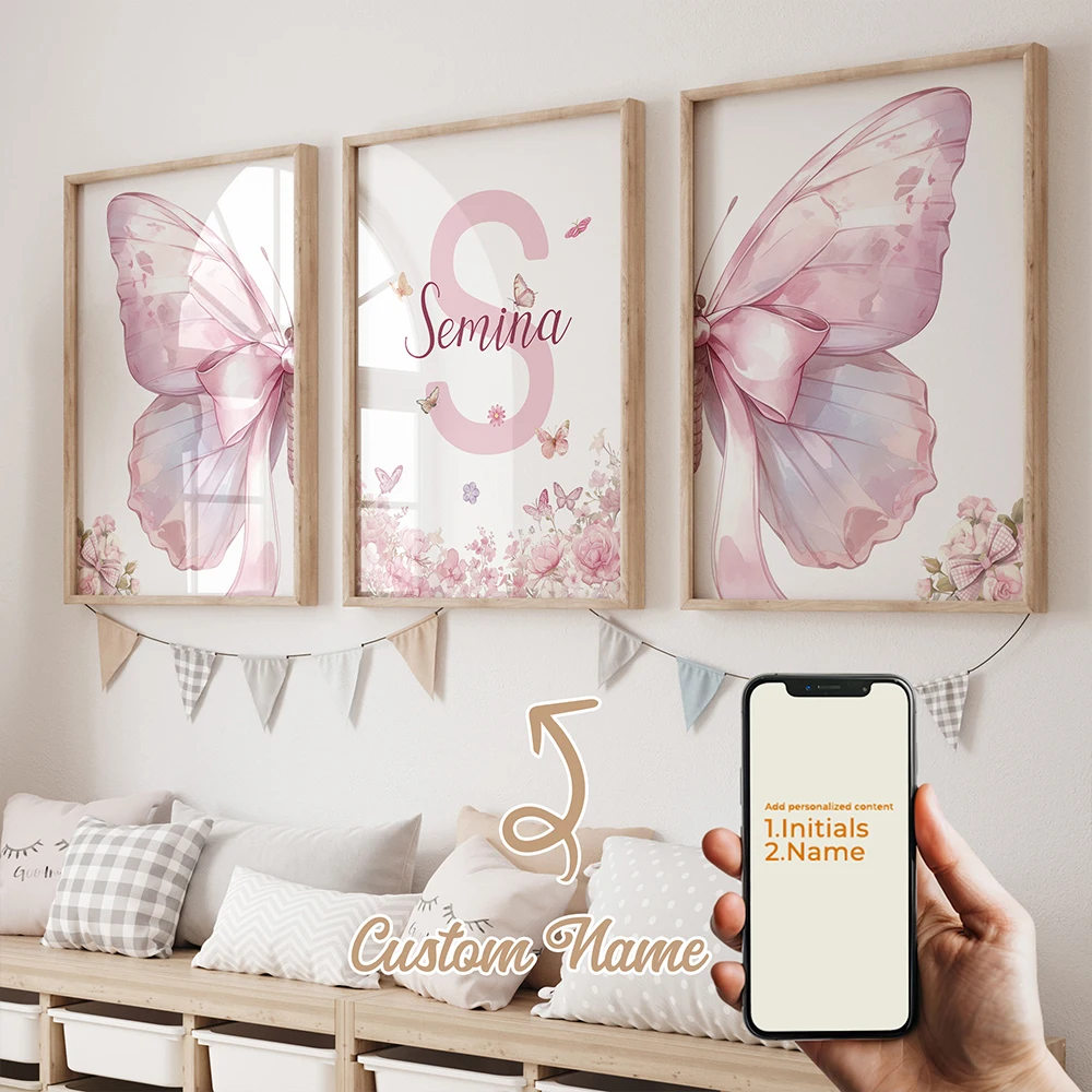 

3pcs Personalized Custom Name Cartoon Butterfly Wall Art Print Picture Canvas Poster Painting For Living Child Room Home Decor