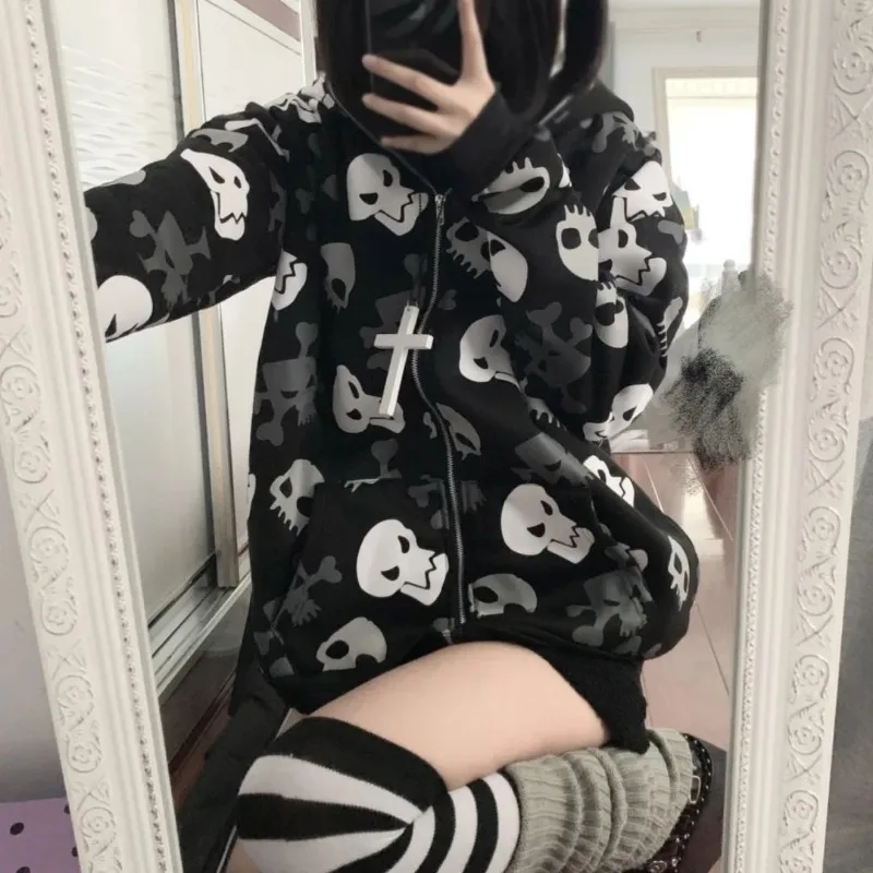 Skull Goth Hoodies Women Thin Sweatshirt Y2k Cyberpunk Clothes Long Sleeve Tops Gothic Zip Up Hooded Jacket Coat Spring Fall