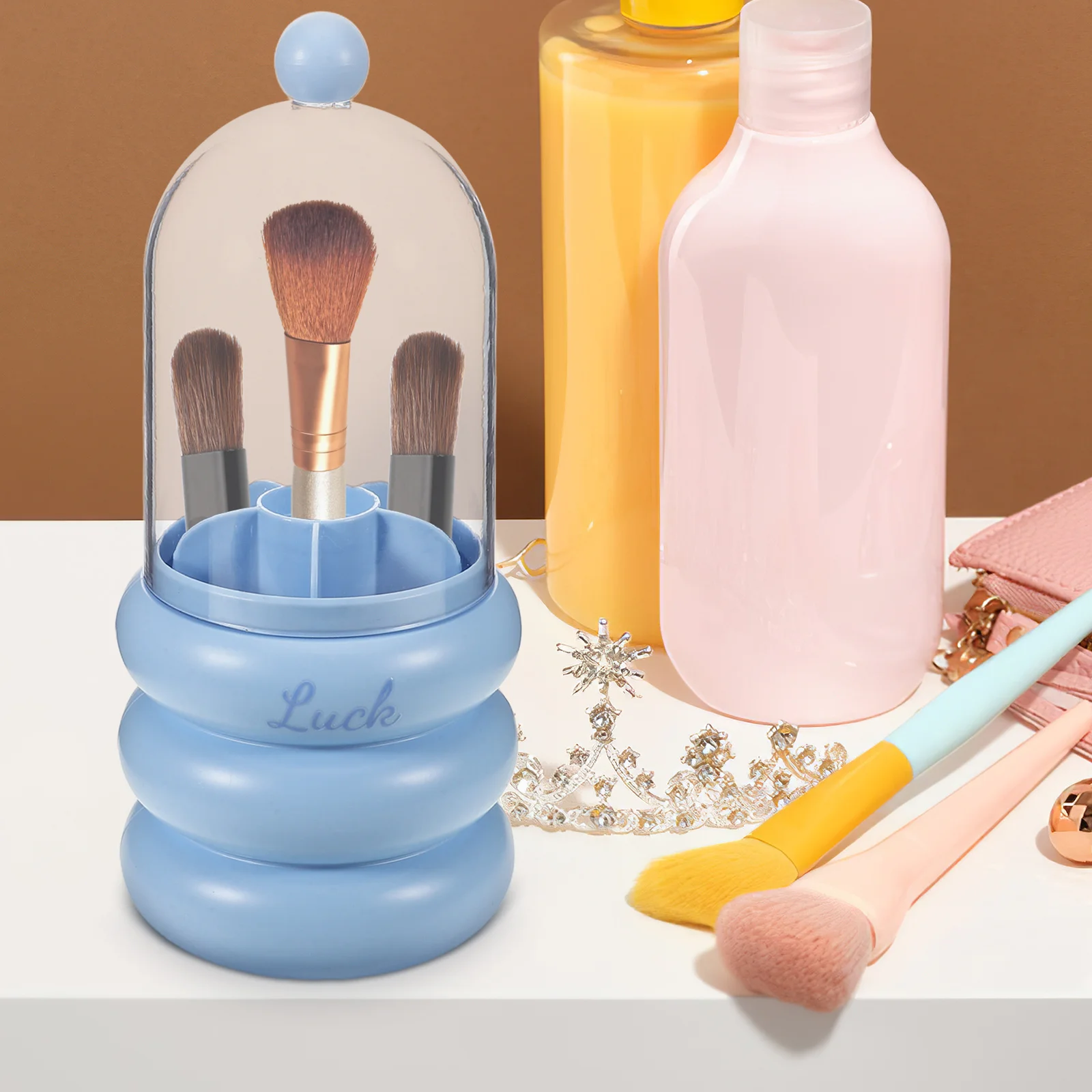 

Rotating Makeup Brush Holder Transparent Cover Multi-Compartment Organizer for Vanity Eyebrow Pencils Eyeshadow Powder Brushes