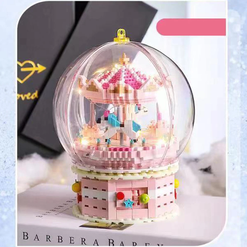 

Creative Music Box Micro Diamond Block Pink Merry-go-round Building Brick Educational Toy With Light Nanobrick For Girls Giftss
