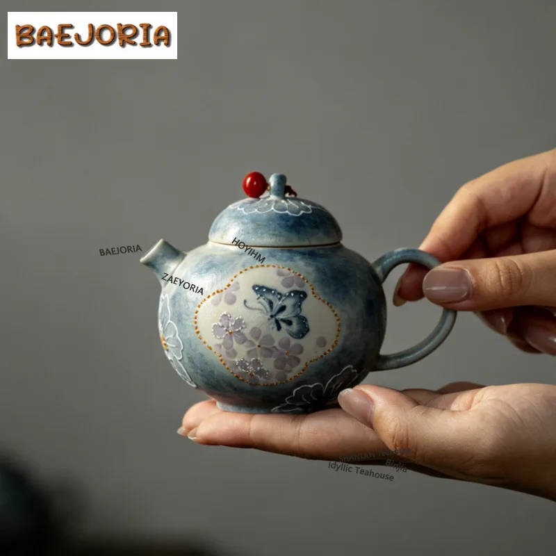 BAEJORIA 160ml Hand-painted Butterfly Flower Teapot Zen Tea Infuser Pot Tea Brewing Kettle with Ball Hole Tea Services Craft