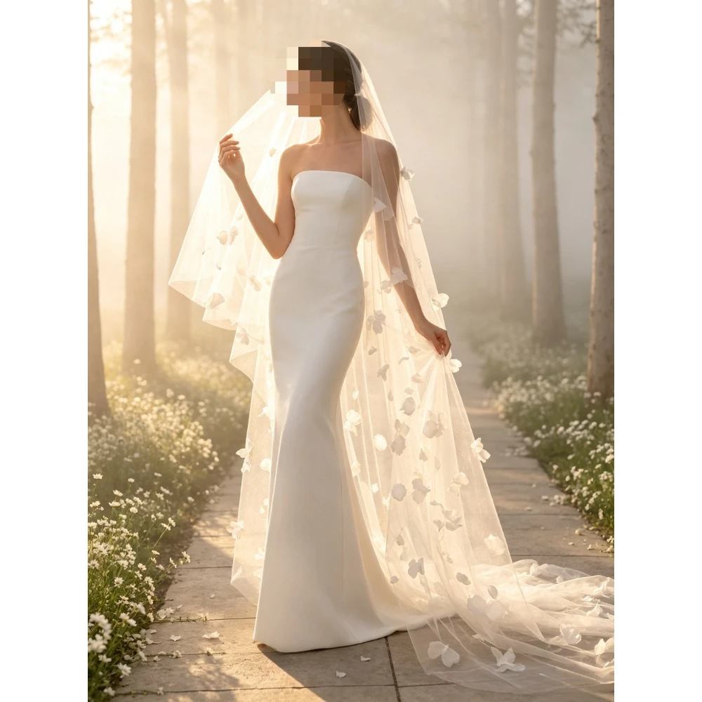 Customized Strapless Satin Wedding Dress 2026 Minimalist Backless Strapless Strapless Women's Mermaid Bridal Gown Floral Veil