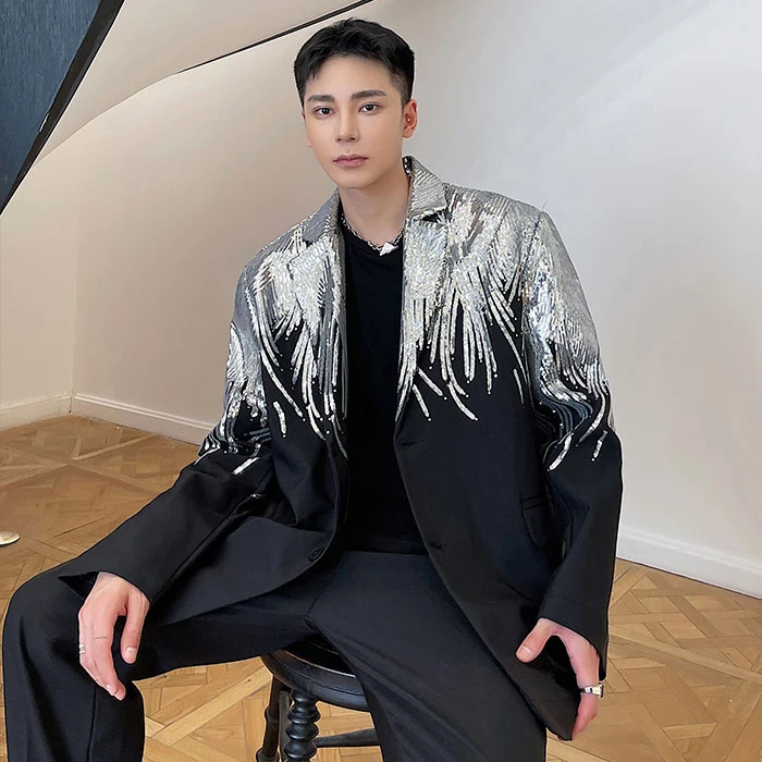 

Silver Wings Shiny Sequins Reflective Suit Men's Women's Stage Performance Outfit Party Street Glittering Jacket Autumn Fashion