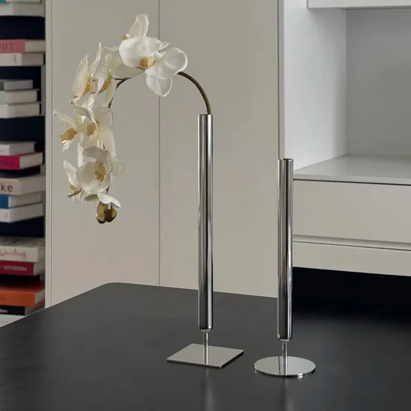 Stainless Steel Metal Vase Minimalist Desk Ornament for Living Room Light Luxury Slim Tall Flower Vessel Modern Art Home Decor