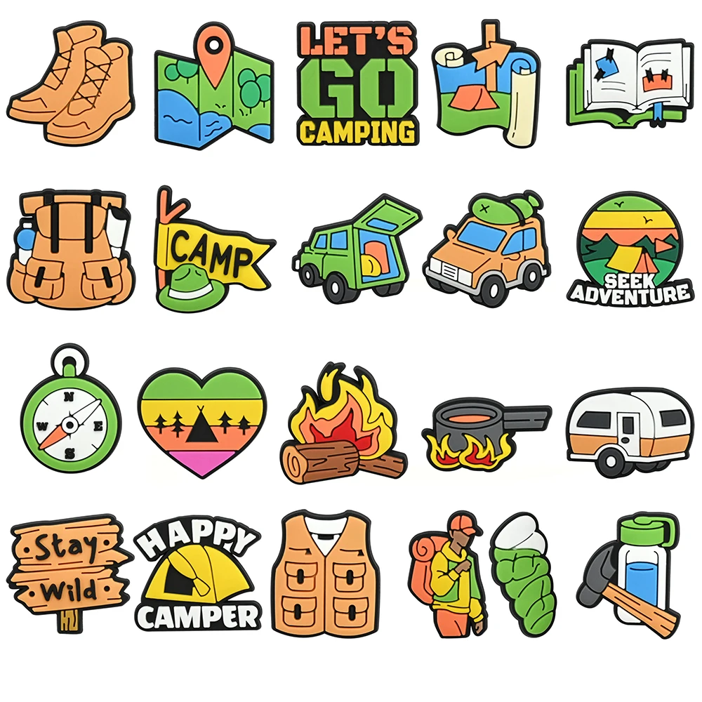 21 Stück Camping Schuh-Charms aus PVC, Schuhdekoration, Armband, Sandalen-Accessoires, Schnallen für Kinder, Geschenke