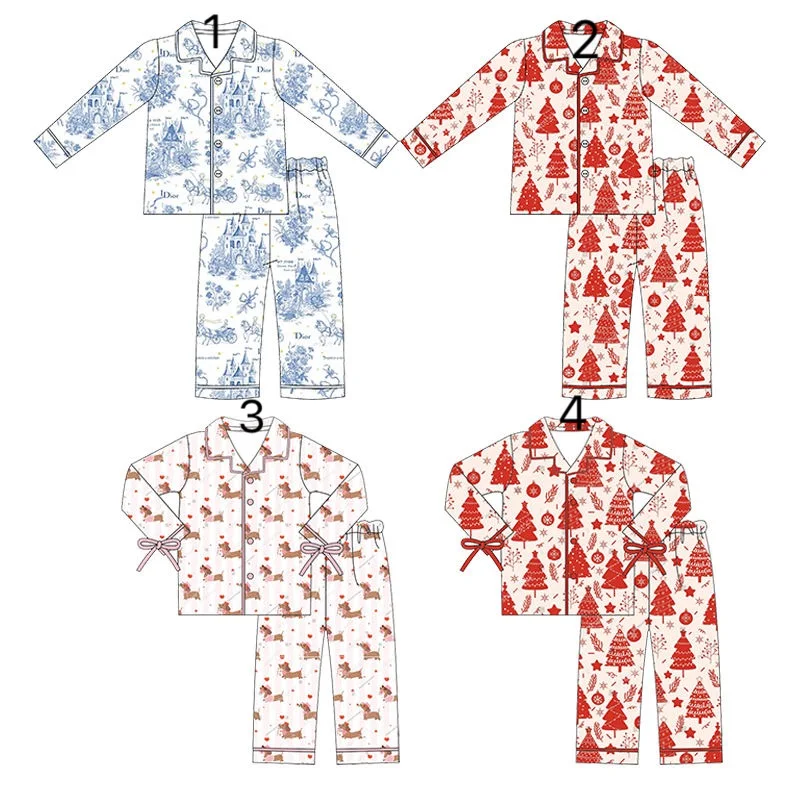 

Wholesale Lapel Bowknot Girls Pajama Set Milk Silk Christmas Tree Print Girls Set Boutique Children’s Clothes