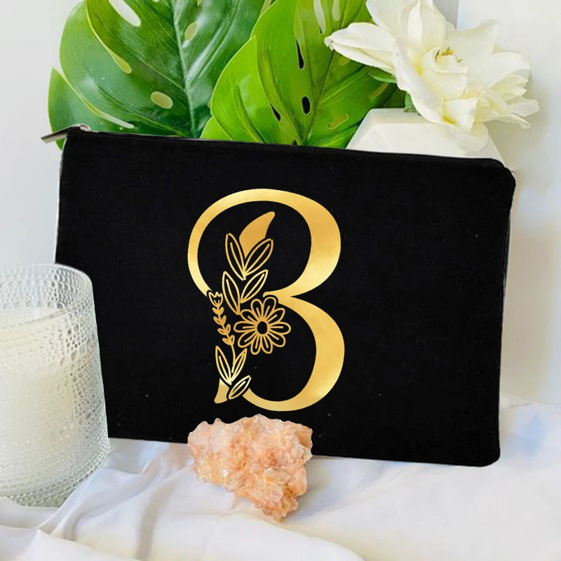 Bolsa de maquillaje con patrón de iniciales del alfabeto, estuche organizador de cosméticos portátil de gran capacidad, fuente dorada, regalo para maestros, damas de honor, 26