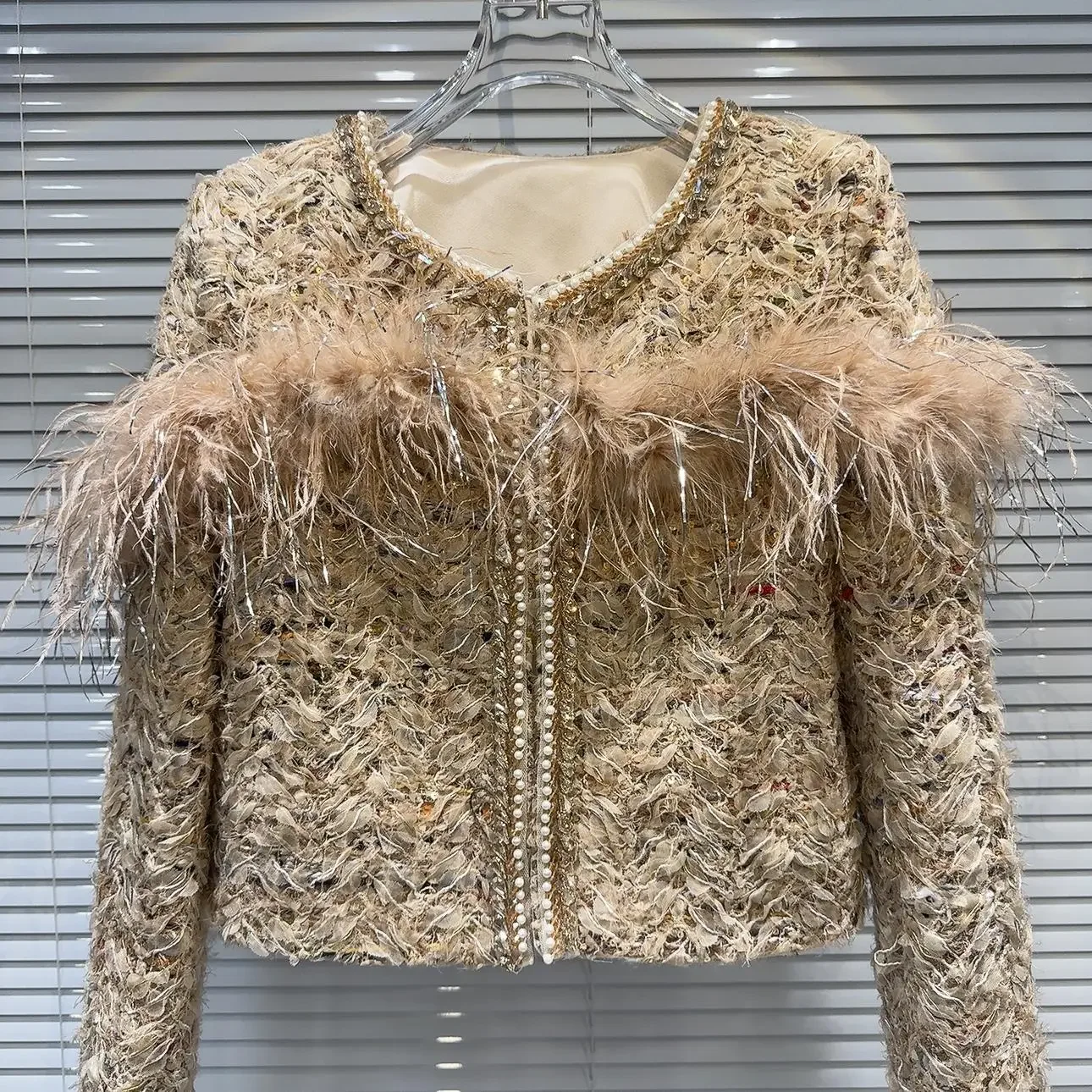 2024 Autumn and Winter New Ostrich Feather Pearl Woven Tweed Jacket Coats Women's Clothes Fashion Feather Splicing Short Coat