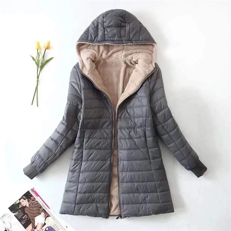 New Mid Length Korean Edition Hooded Fit Women Jackets Autumn Winter Mid-length Office Cotton Coats Warm Lamb Fleece Parkas